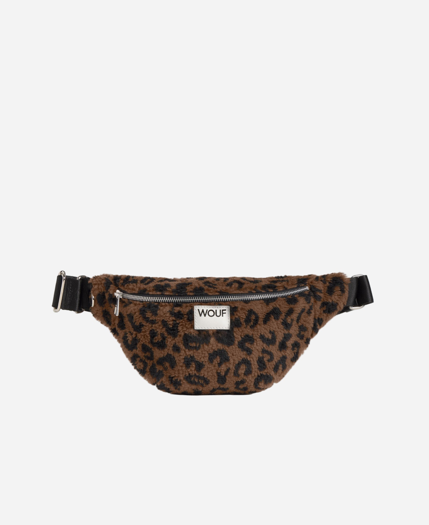 Leopard print fanny pack with 'WOUF' brand label on a white background