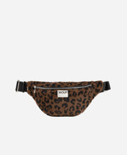 Leopard print fanny pack with 'WOUF' brand label on a white background