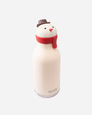 Snowman-themed water bottle with a red scarf and brown hat on a white background, featuring the brand 'asobu'.