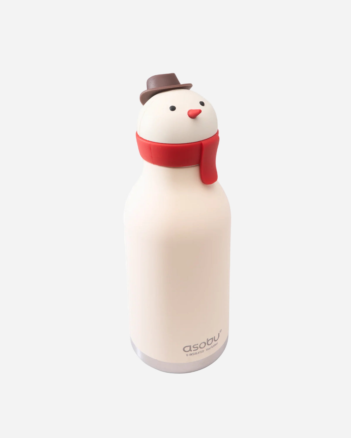 Snowman-themed water bottle with a red scarf and brown hat on a white background, featuring the brand 'asobu'.