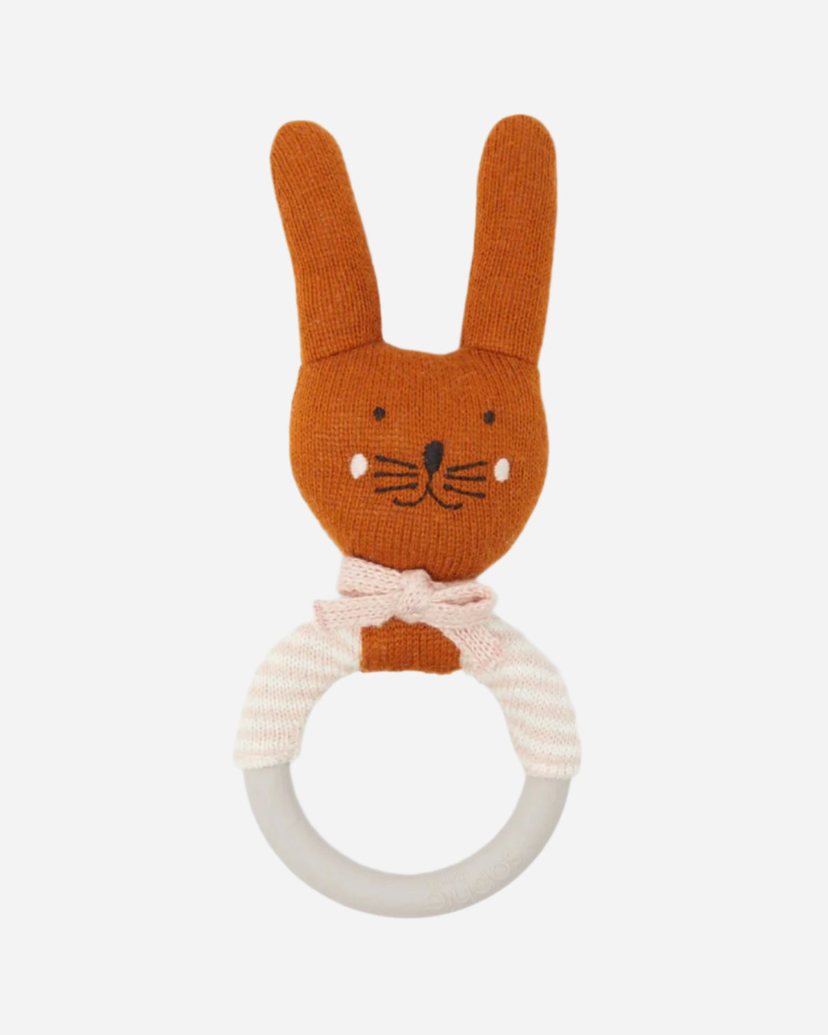 Knitted rabbit rattle with a teething ring on a white background
