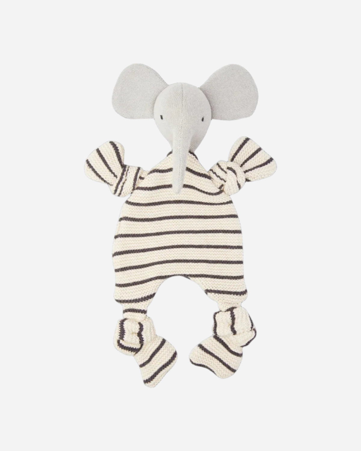 Stuffed elephant toy with a striped outfit on a white background