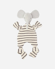 Stuffed elephant toy with a striped outfit on a white background