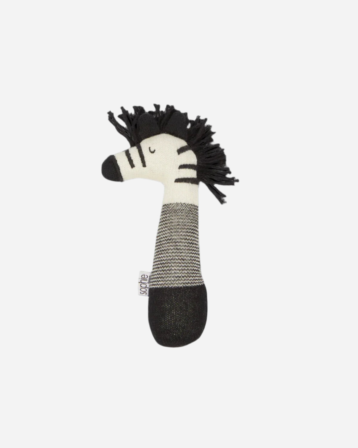 Zebra-shaped rattle toy on a white background