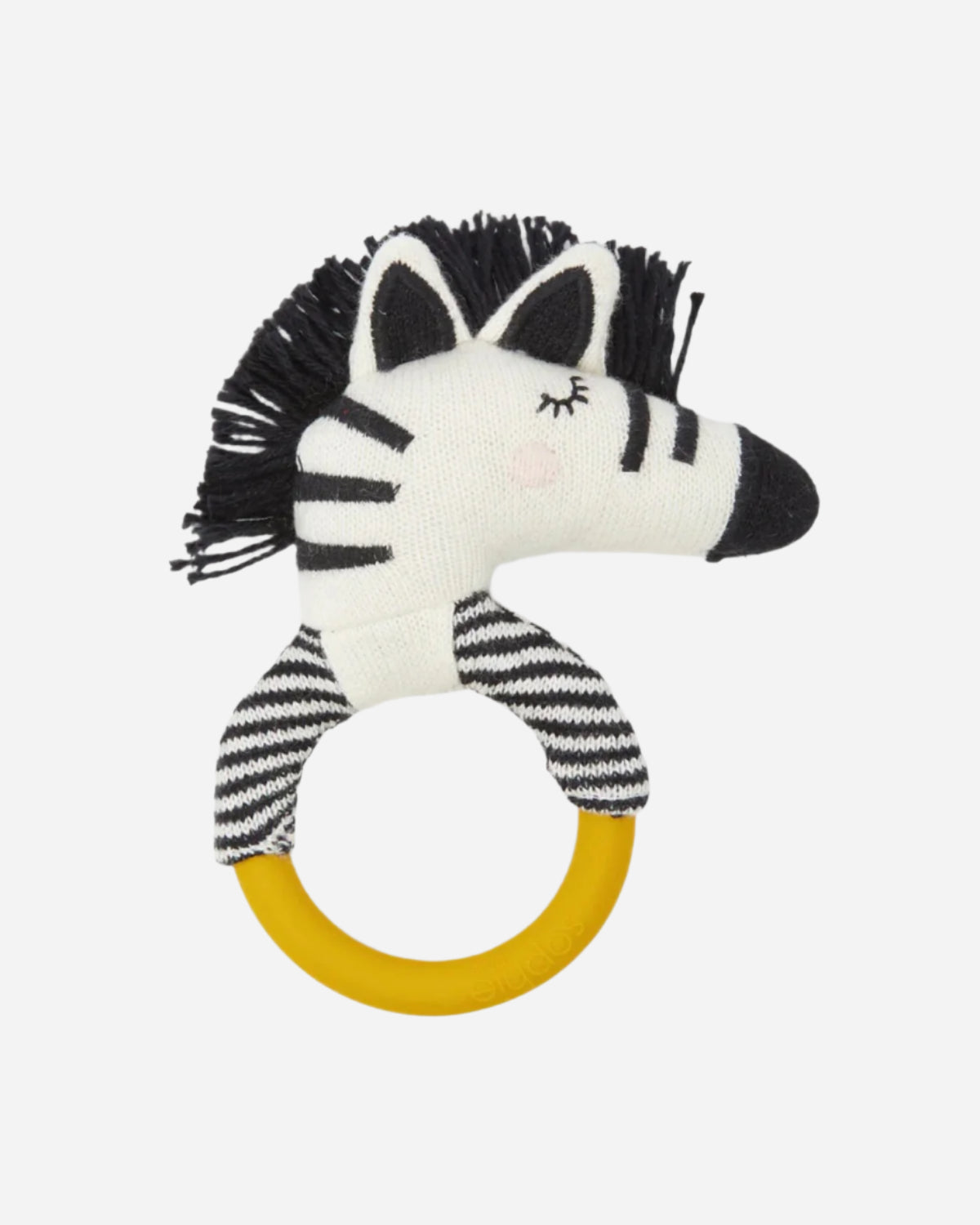 Zebra-shaped teething ring with a yellow ring on a white background