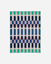 Checkered wool blanket with blue, green, and pink pattern on a white background