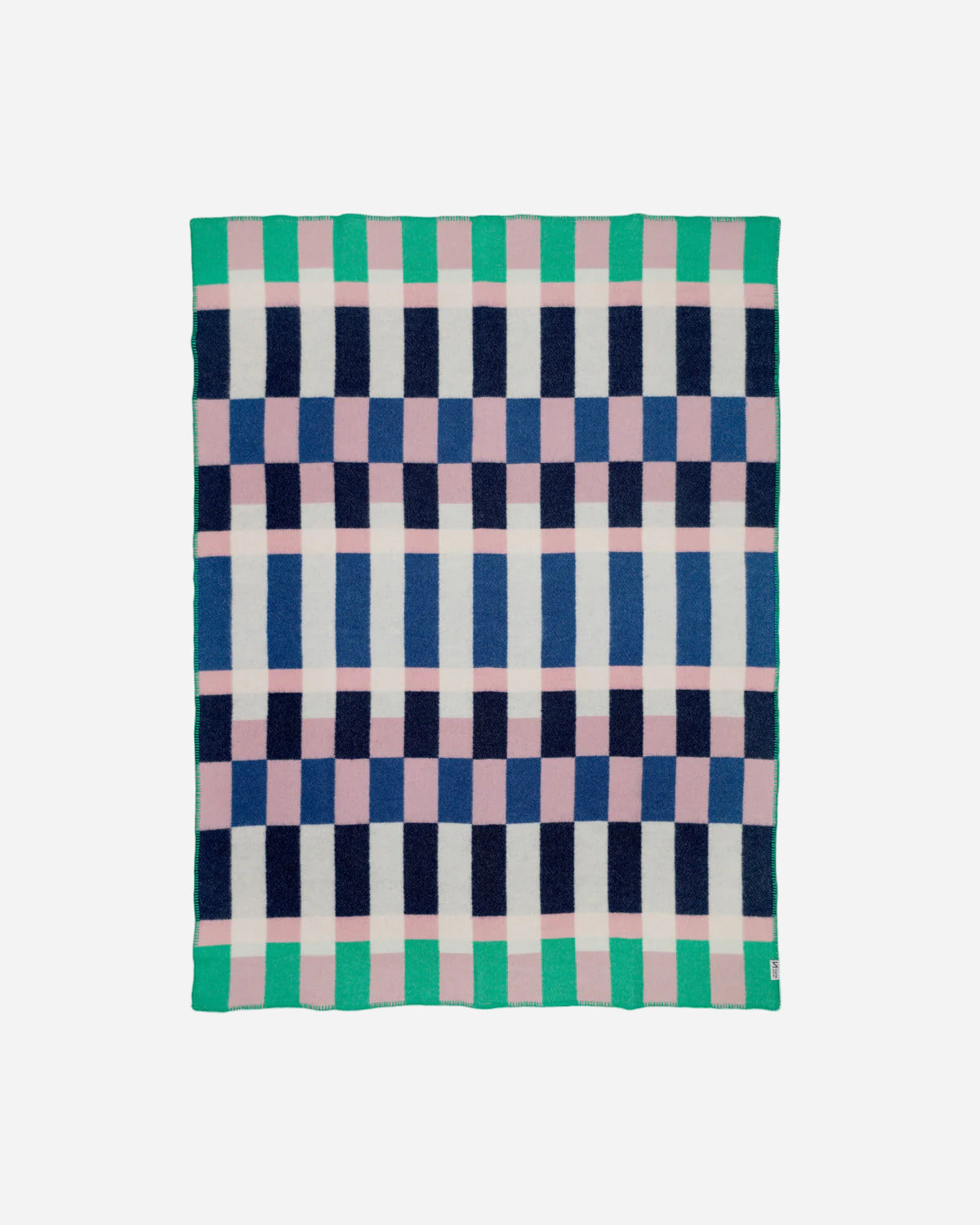 Checkered wool blanket with blue, green, and pink pattern on a white background