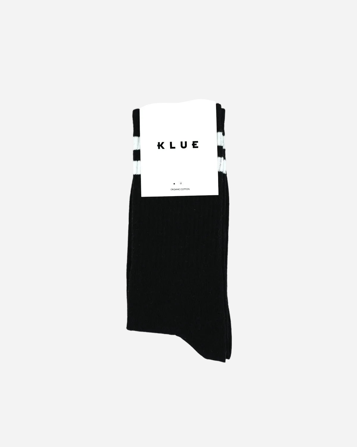 Black sock with KLUE branding on a white background