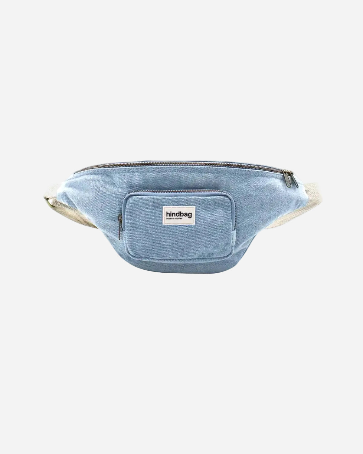 Blue waist bag with a visible brand label on a white background