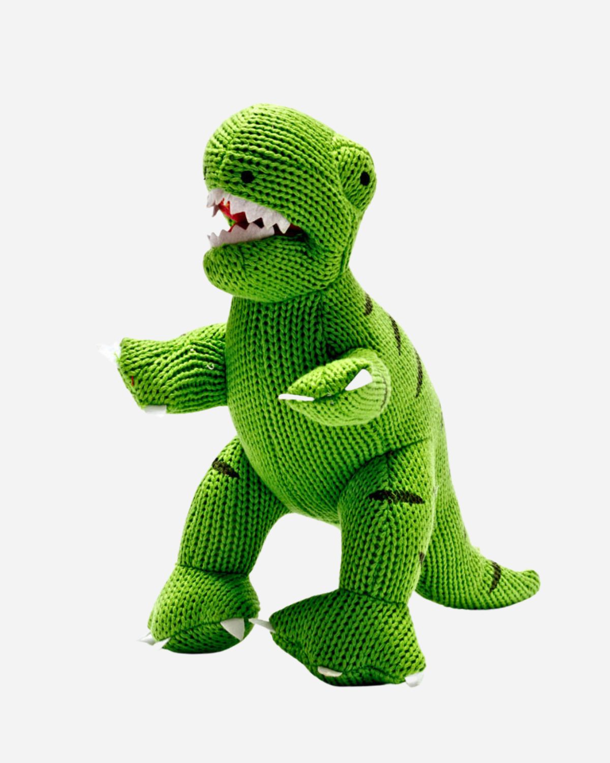 Large green knitted T-Rex soft toy