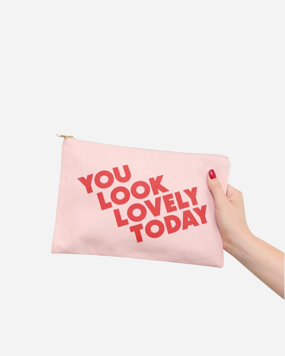 Pink Canvas pouch with gold zip and YOU LOOK LOVELY TODAY slogan in red