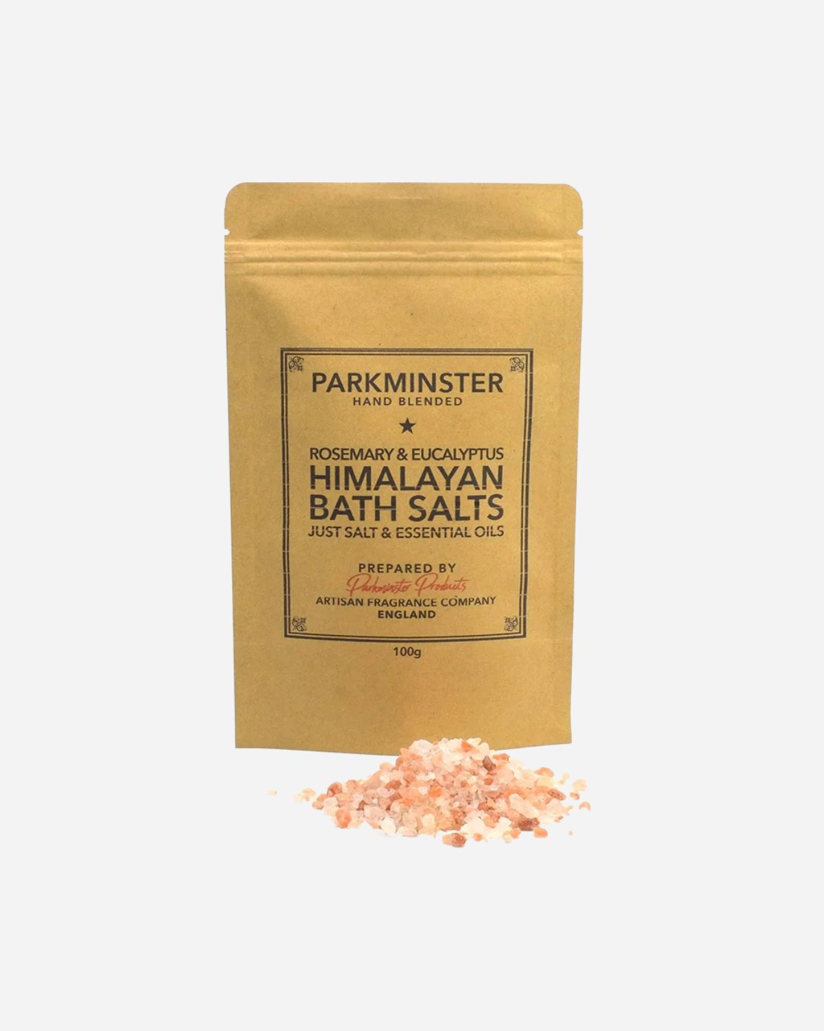 A package of Parkminster Rosemary & Eucalyptus Himalayan Bath Salts with some pink salts scattered in front.
