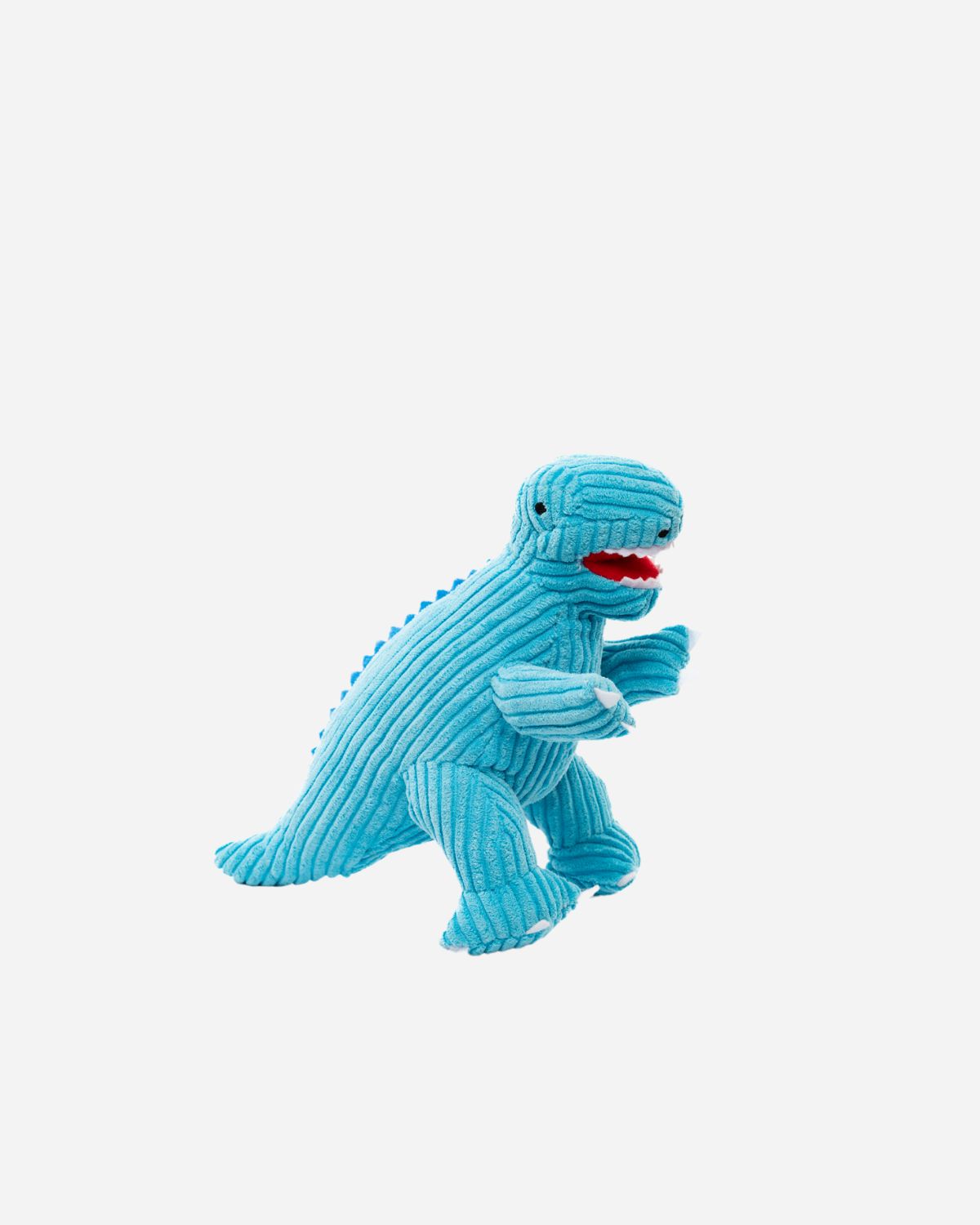 Small teal blue corduroy T-Rex soft toy