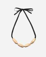 Necklace with black strap and wooden beads on a white background