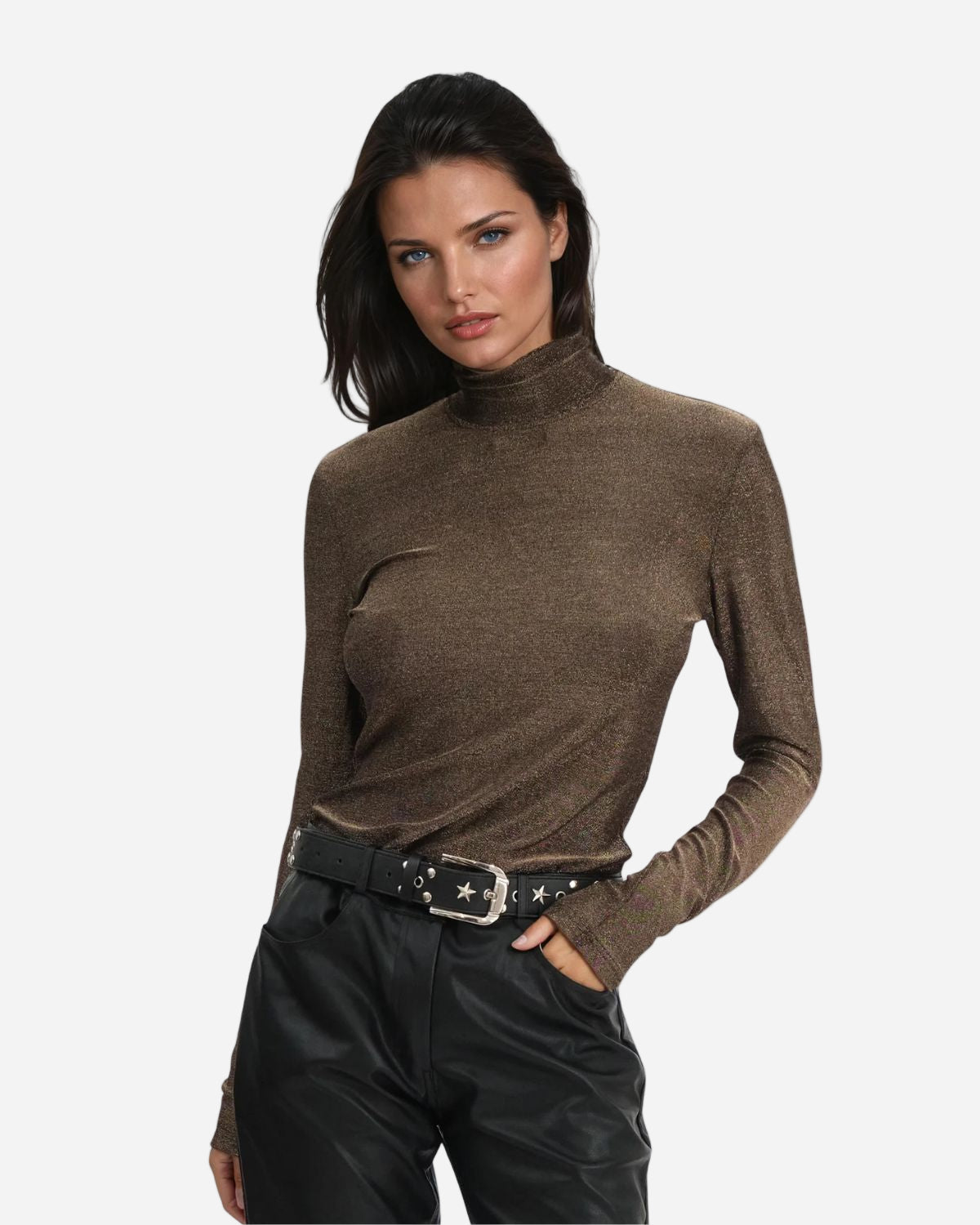 BROWN LOPNG SLEEVE GLITTER POLO NECK
