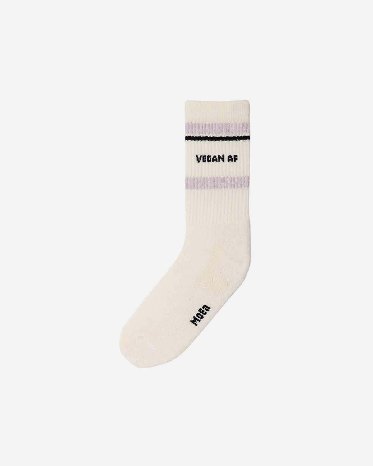 White socks with lilac stripes and VEGAN AF phrase