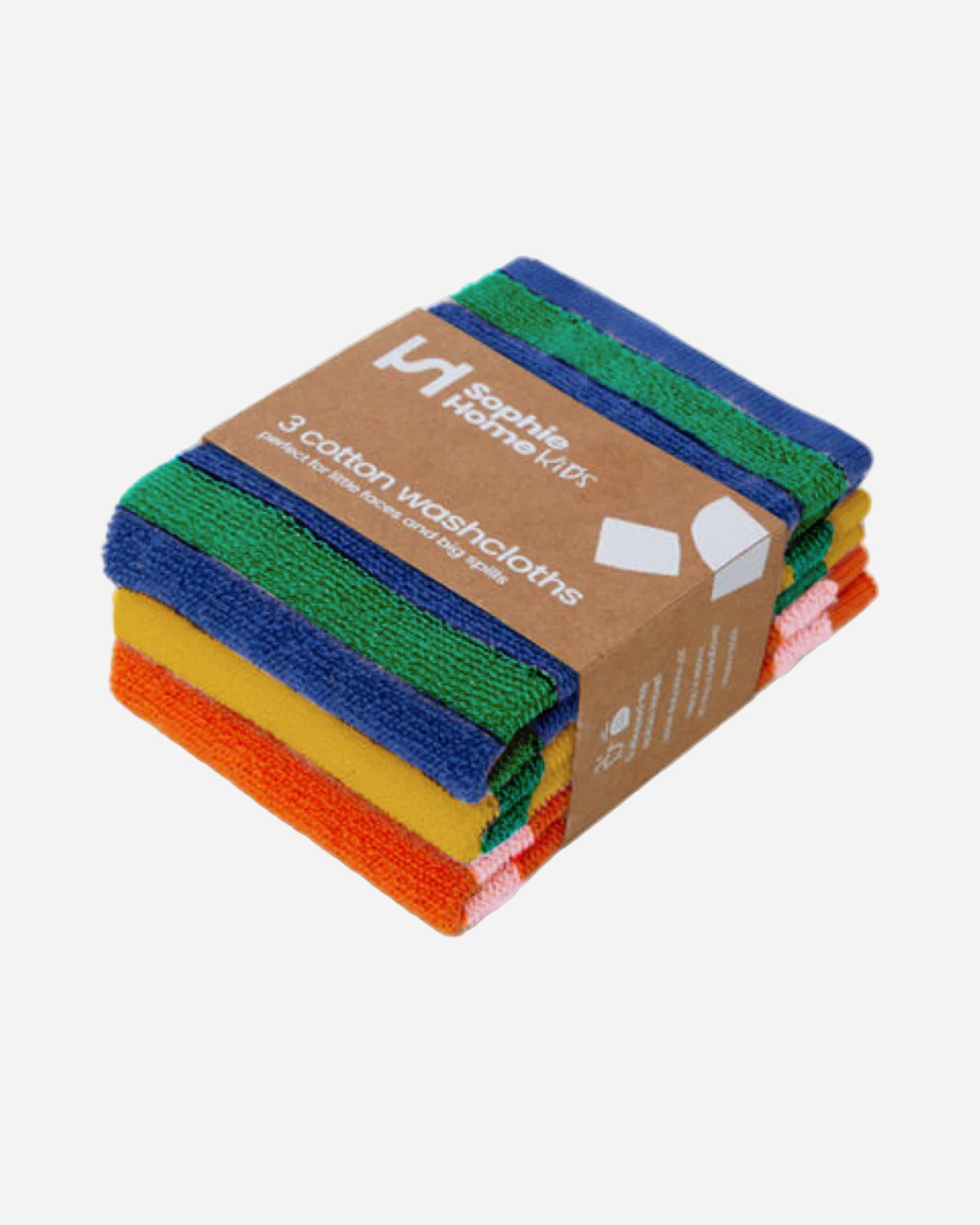 Pack of colorful cotton washcloths with a brand label on a white background