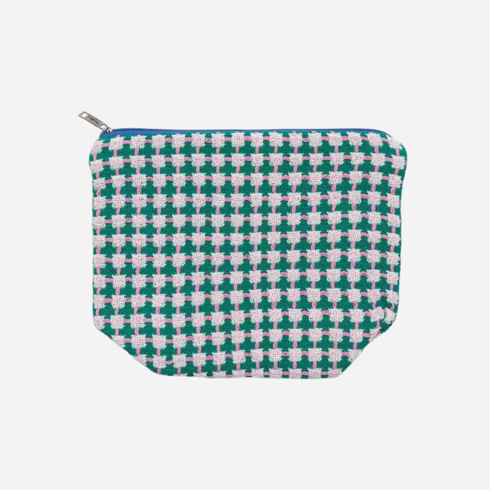Patterned pouch with green, pink, and white design on a white background