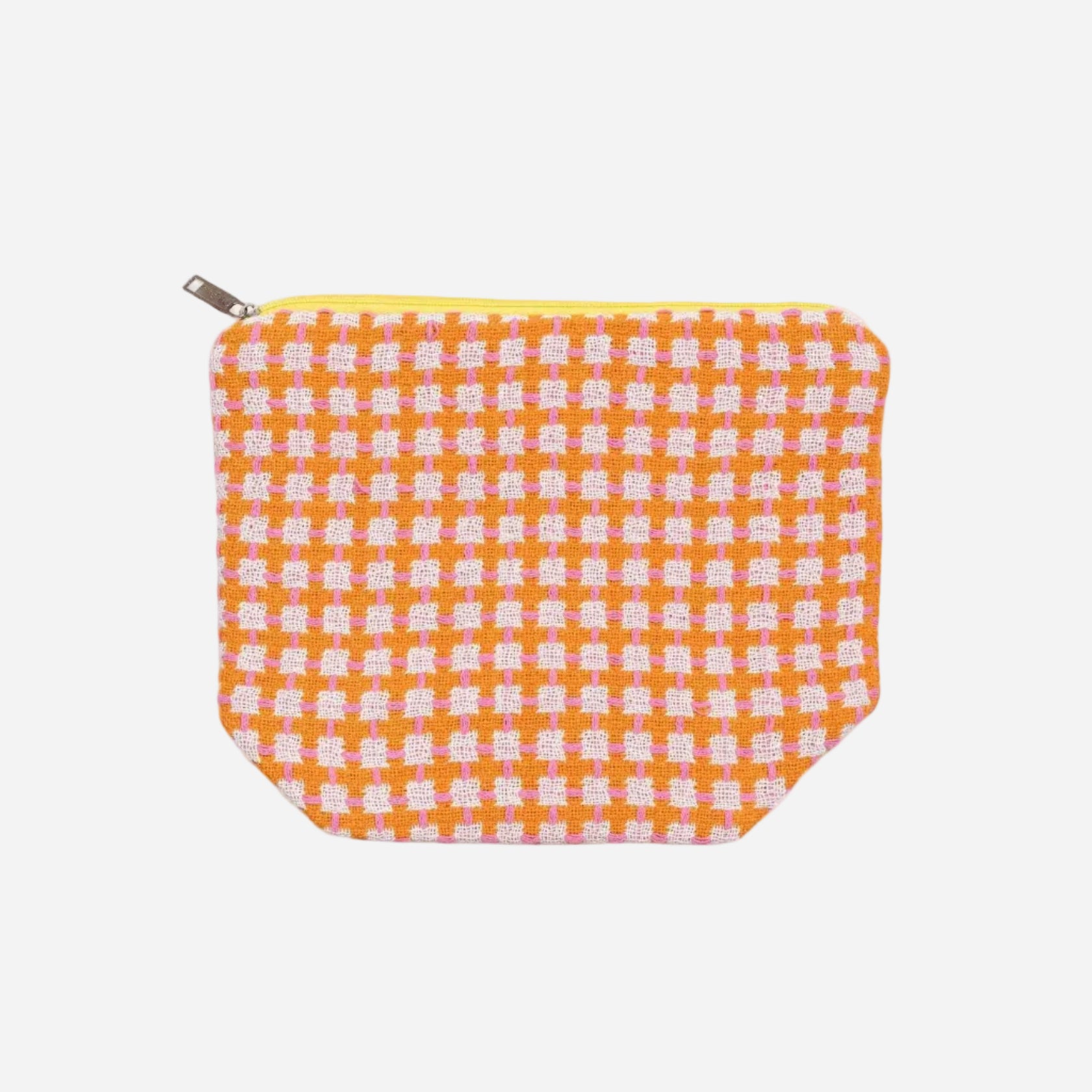 Small pouch with orange and white checkered pattern on a white background