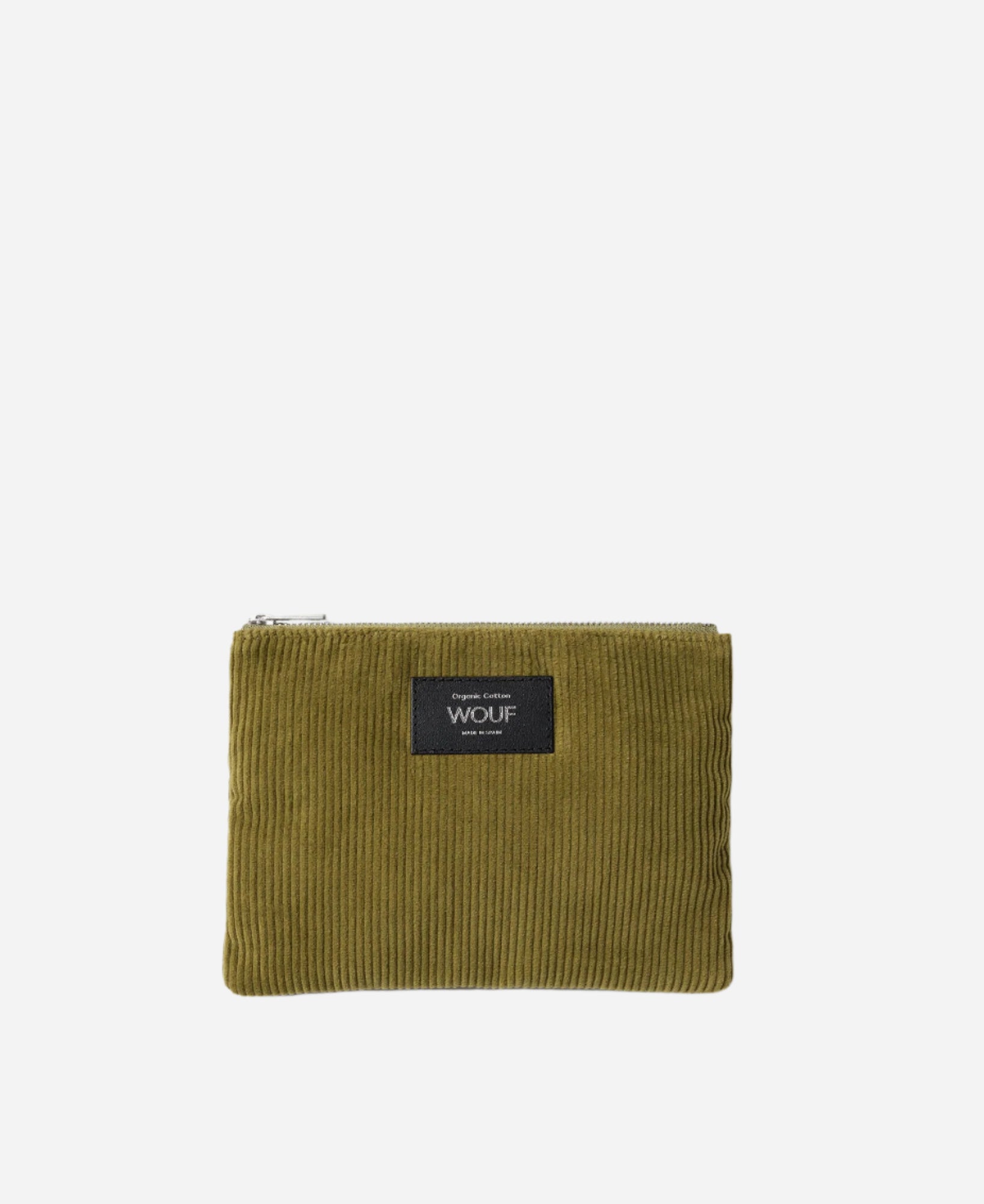 Olive green corduroy pouch with Wouf logo