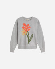 Gray sweatshirt with a colorful flower design on a white background