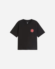 Black t-shirt with a red sun embroidered design on a white background