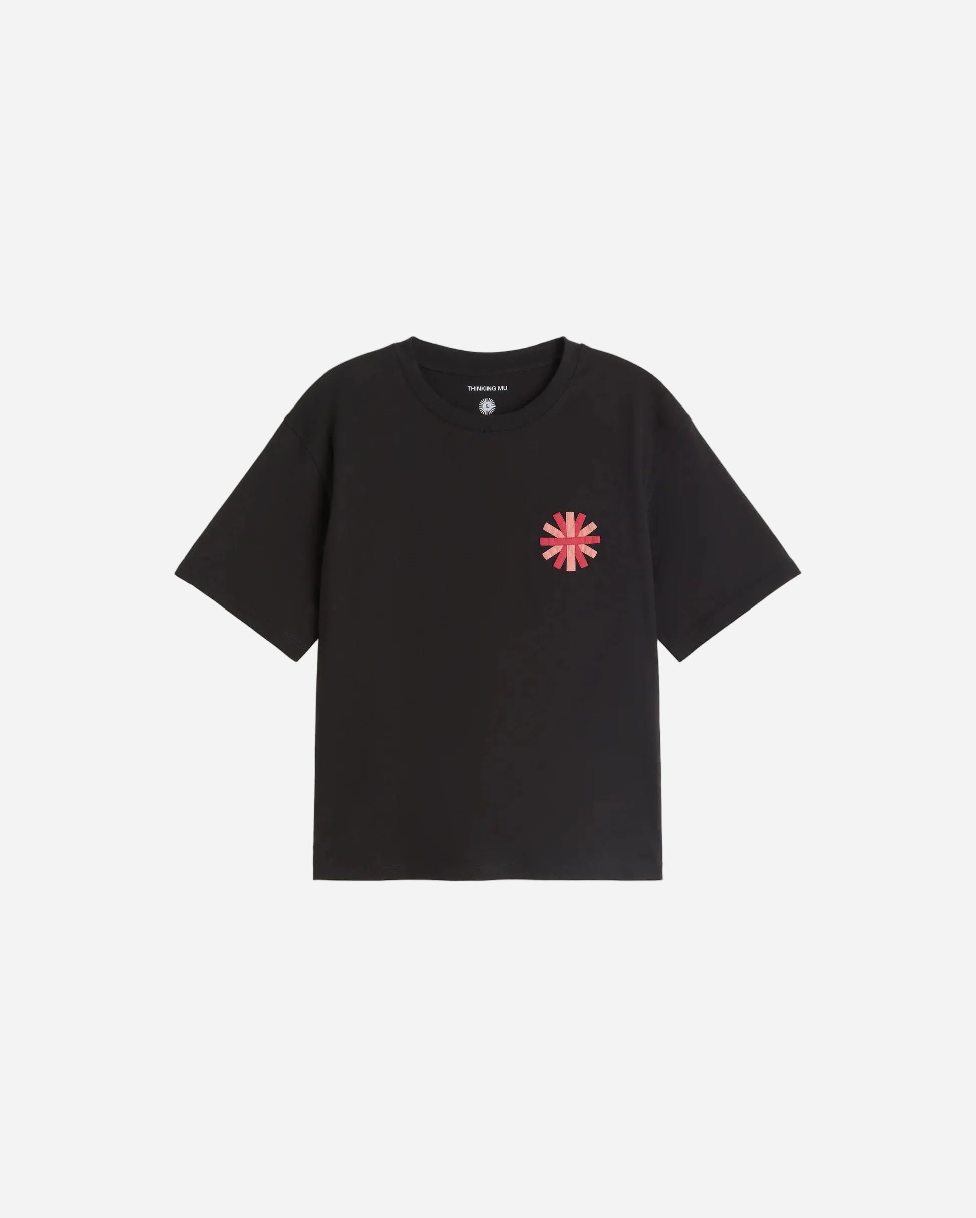 Black t-shirt with a red sun embroidered design on a white background