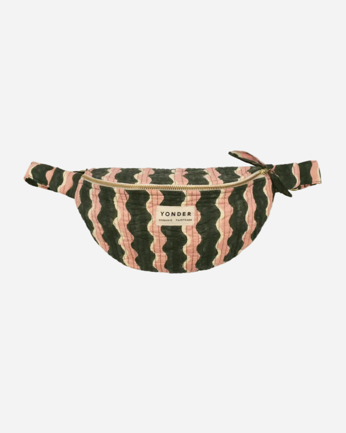 Striped fanny pack with 'Yonder' branding on a white background