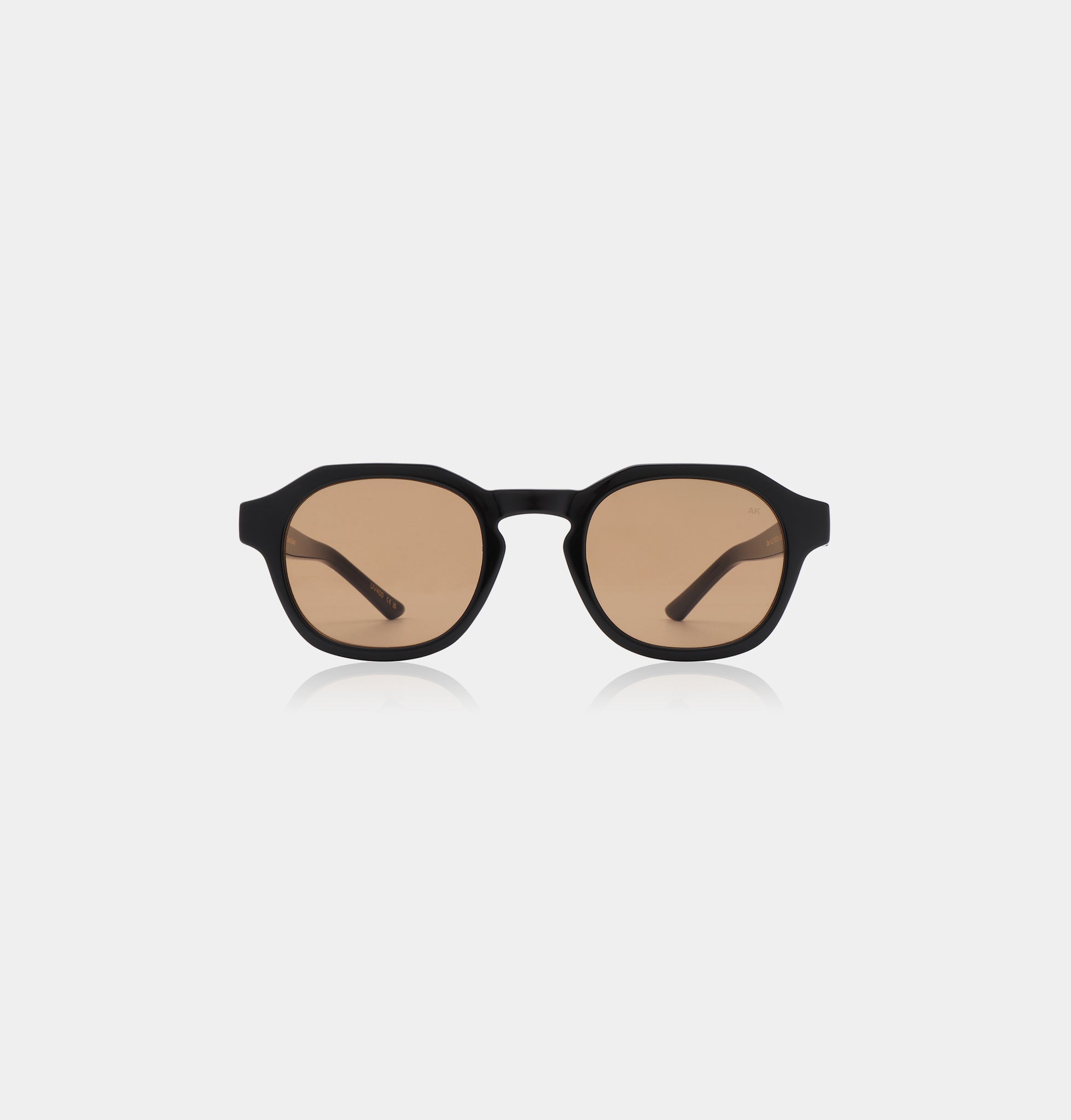Black frame sunglasses with light brown lenses