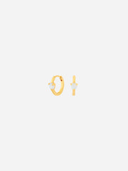 Gold hoop earrings with small round stones on a white background