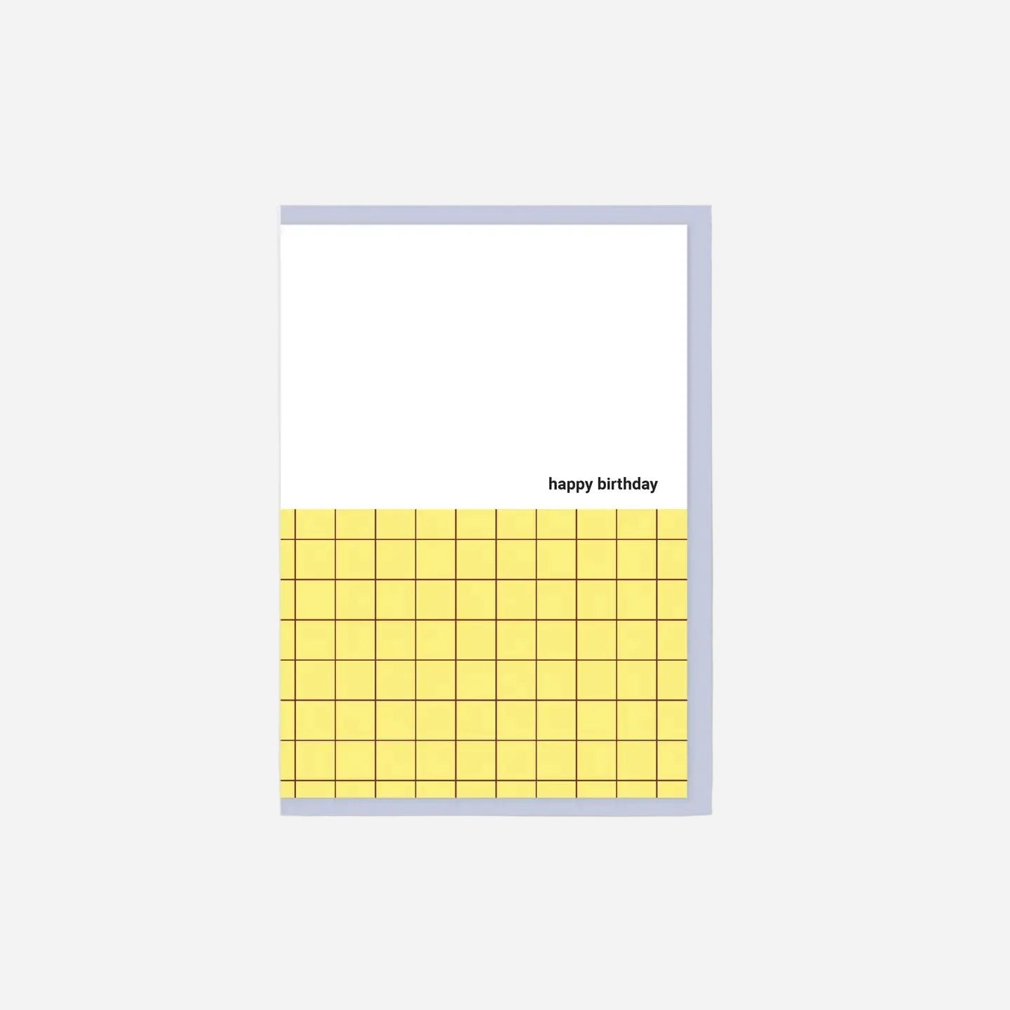 Greeting card with yellow grid pattern and 'happy birthday' text on a white background