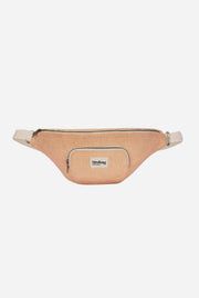 Beige woven belt bag with a visible brand logo on a white background