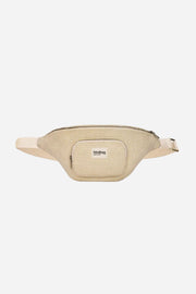 Beige waist bag with a brand logo on a white background