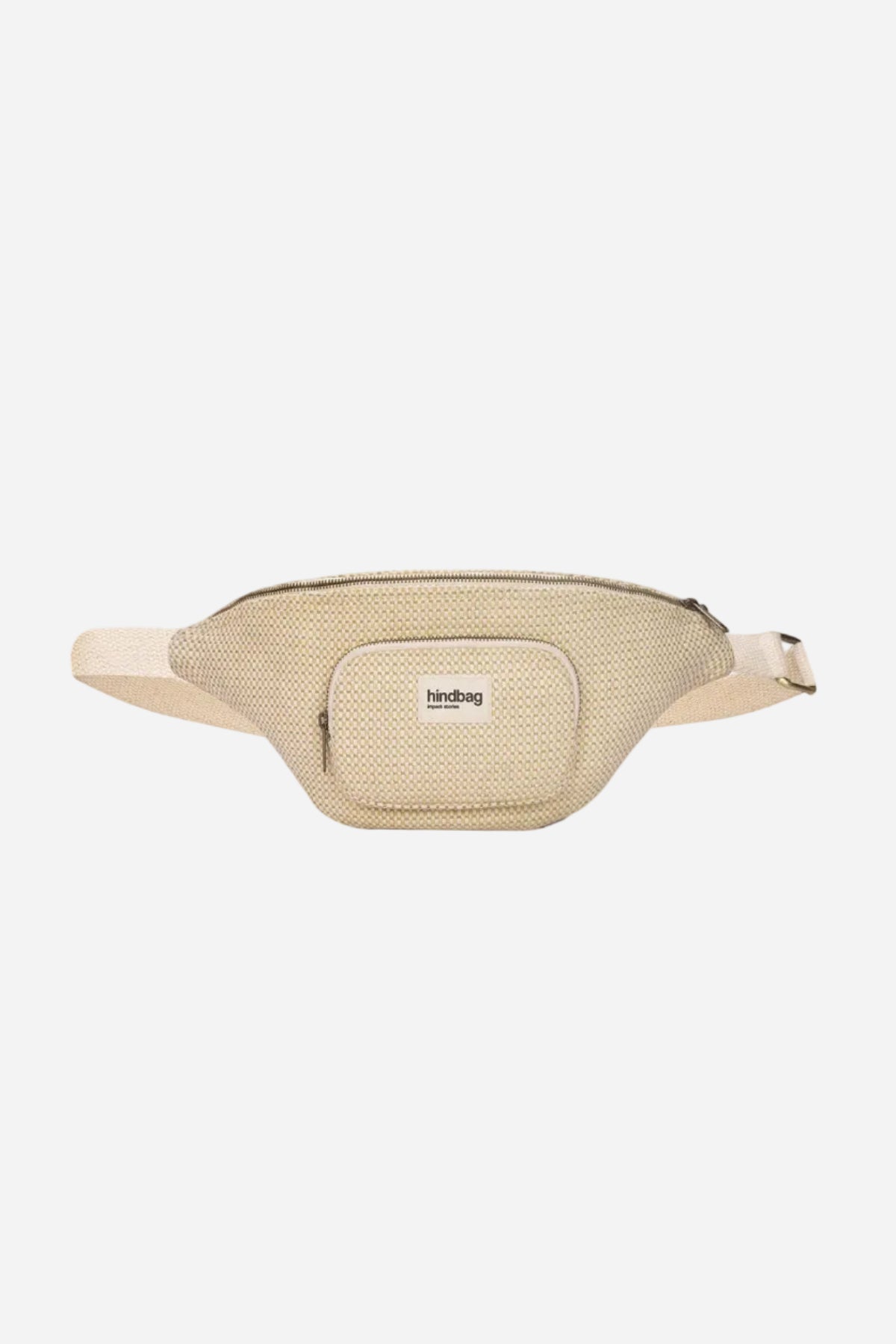 Beige waist bag with a brand logo on a white background