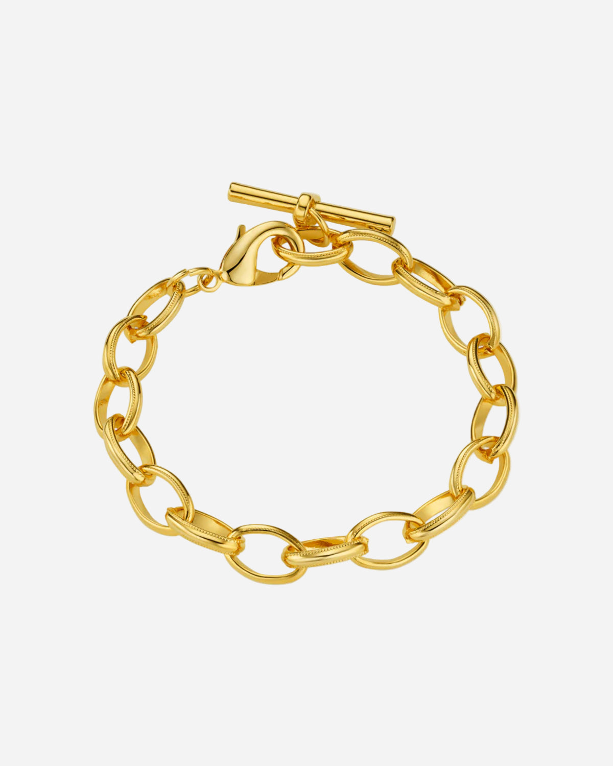Gold chain bracelet with a clasp on a white background