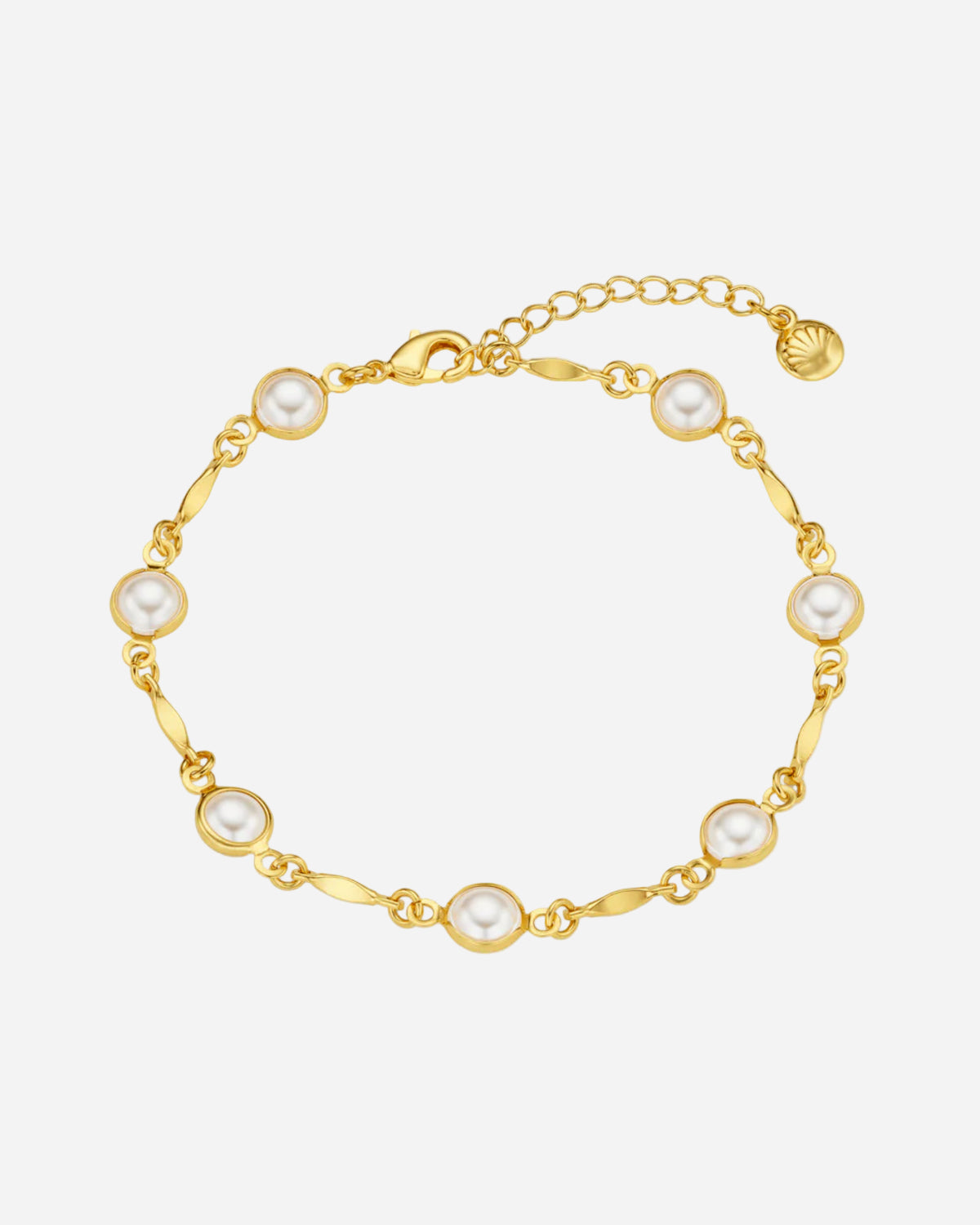 Gold bracelet with pearls on a white background