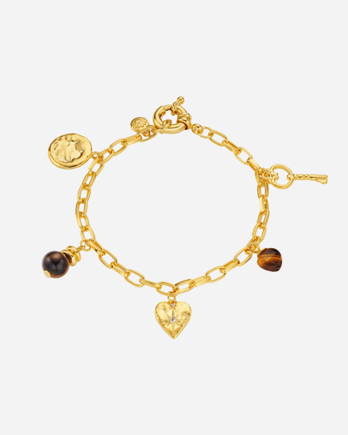 Gold bracelet with heart charm, coin charm, and tiger's eye beads on a white background
