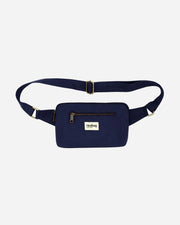 Navy blue waist bag with a visible brand logo on a white background
