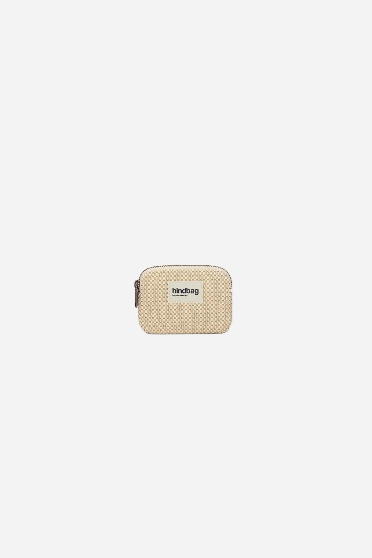 Beige woven pouch with a brand label on a white background
