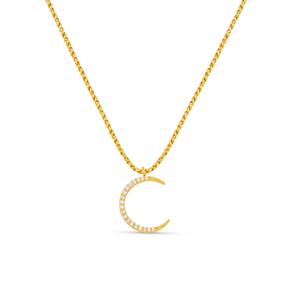 PAVE MOON & ROPE CHAIN NECKLACE GOLD