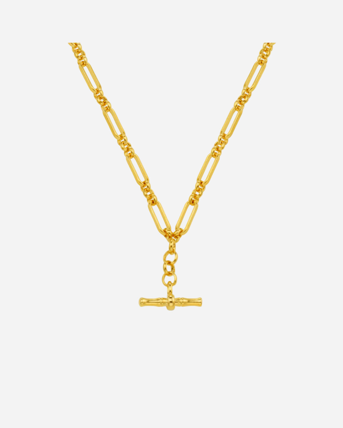 Gold necklace with a bar pendant on a white background