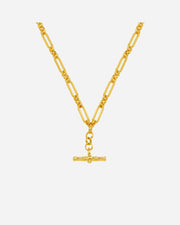 Gold necklace with a bar pendant on a white background