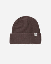 Brown beanie with a logo on a light gray background