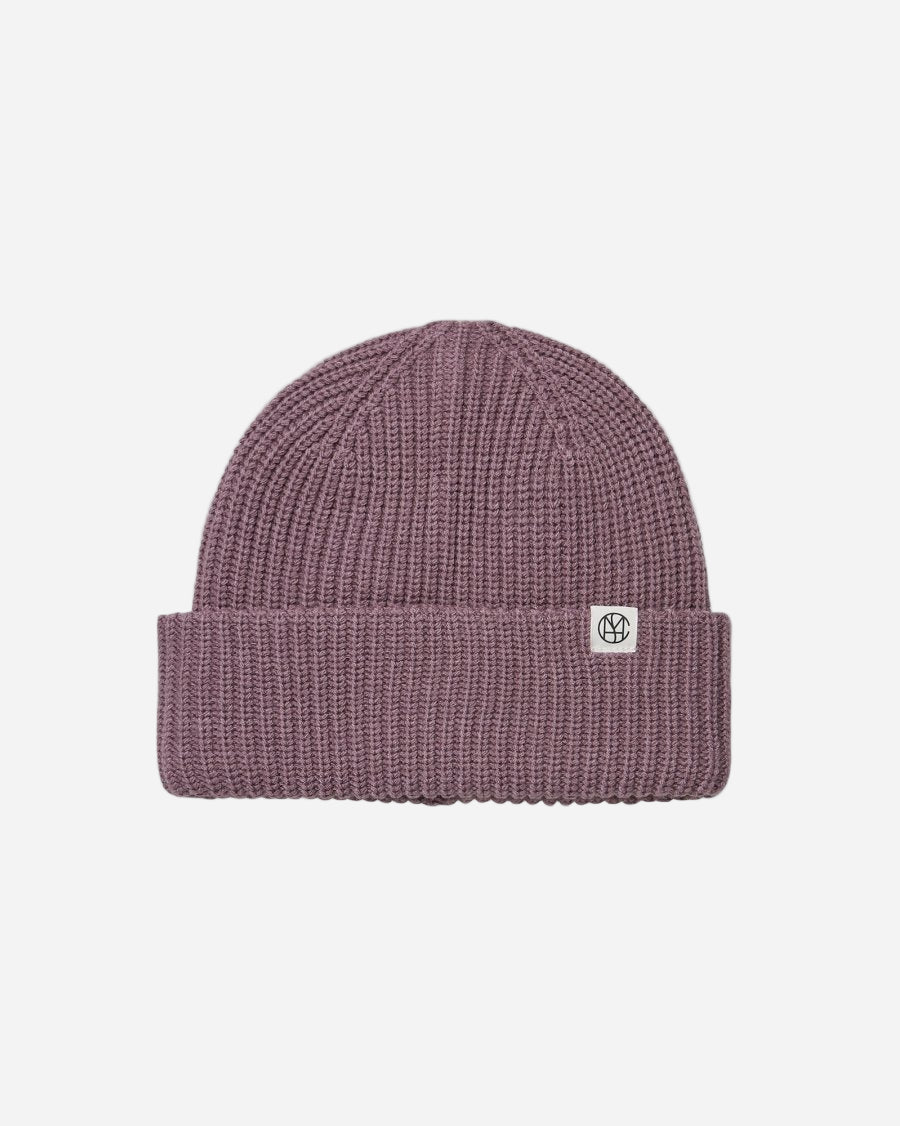Purple beanie with a logo on a light gray background