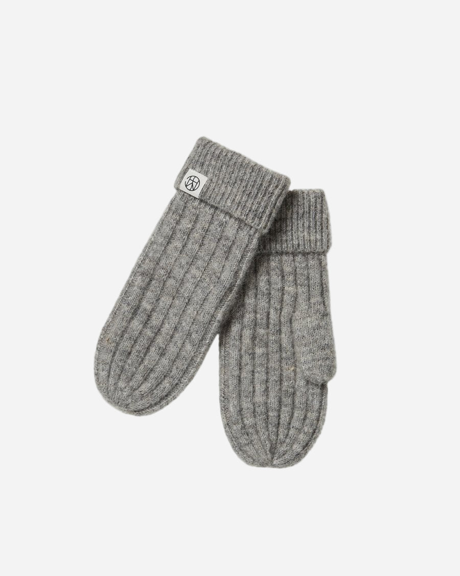 Pair of gray knit mittens on a white background