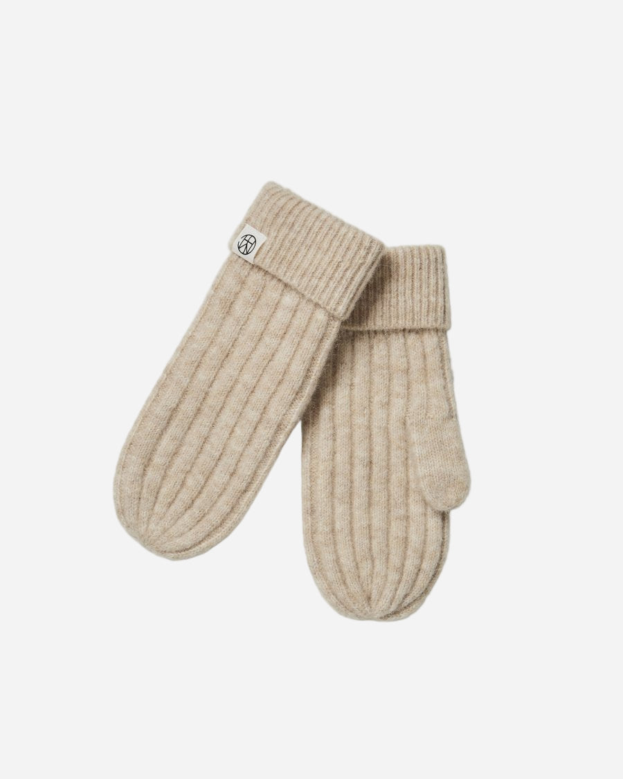 Pair of beige mittens on a white background
