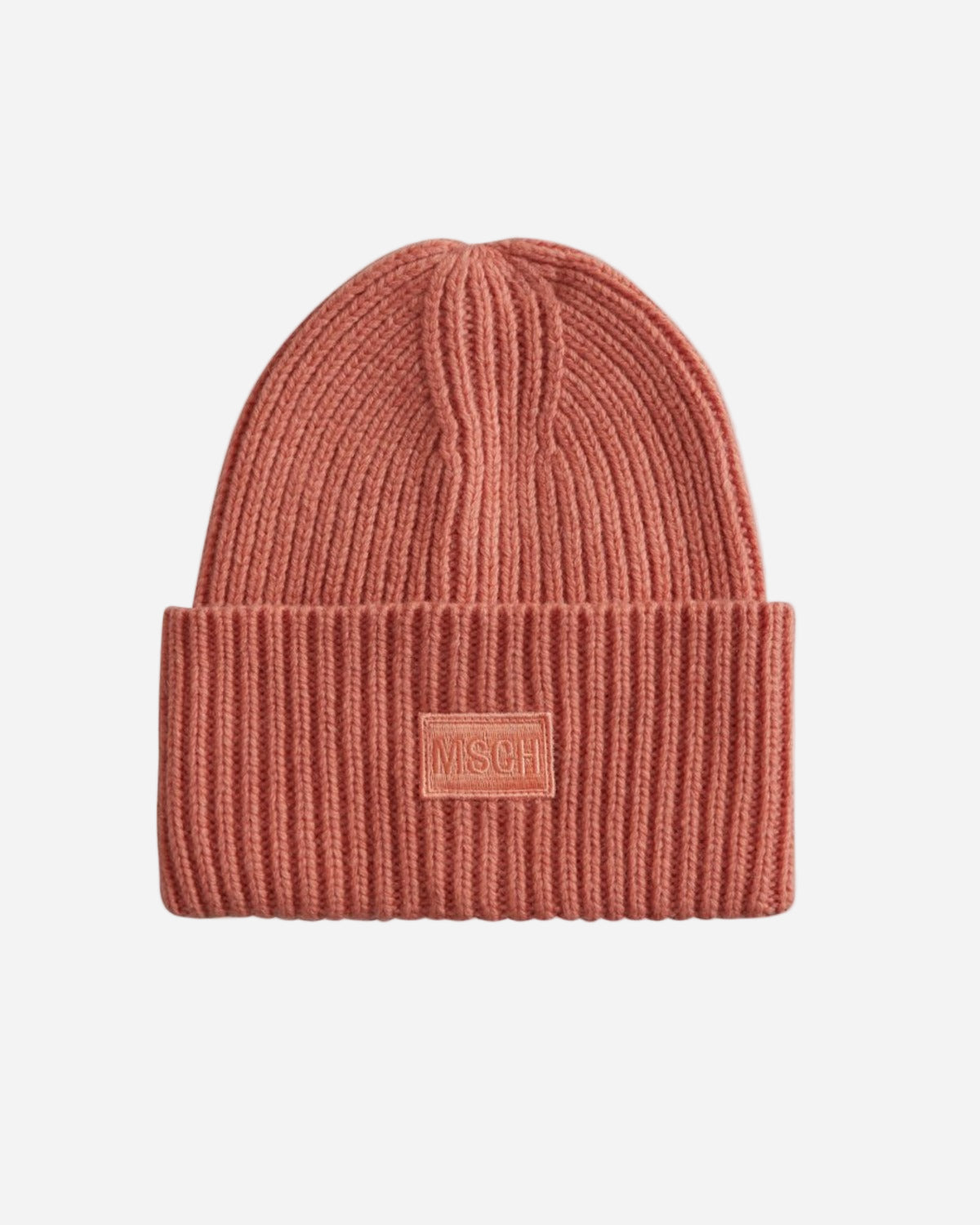 Mineral red beanie with a logo patch on a light gray background