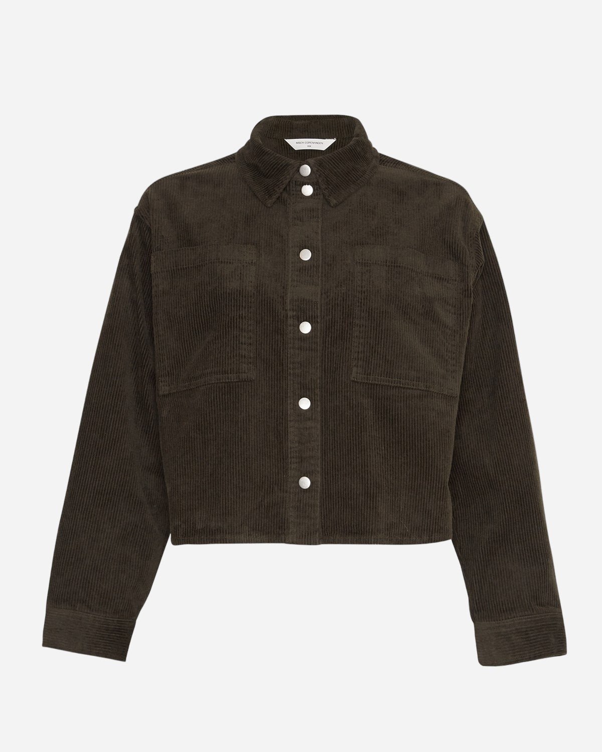 Dark green corduroy shirt with button details on a white background