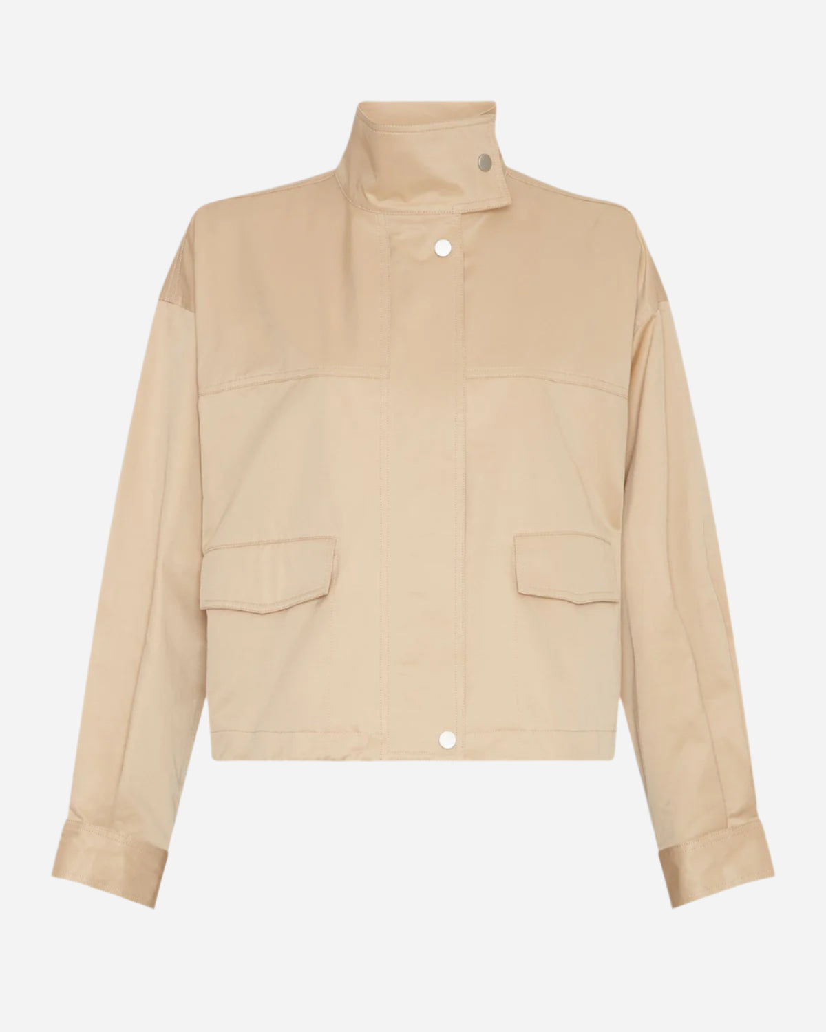 Beige jacket with a high collar on a light gray background
