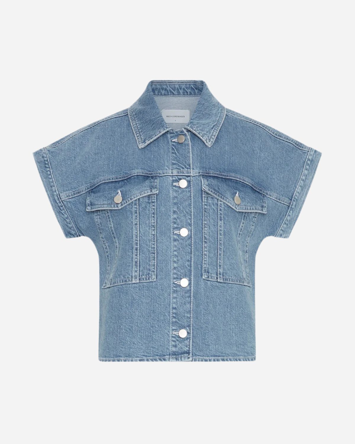 Blue denim short sleeve jacket on a white background